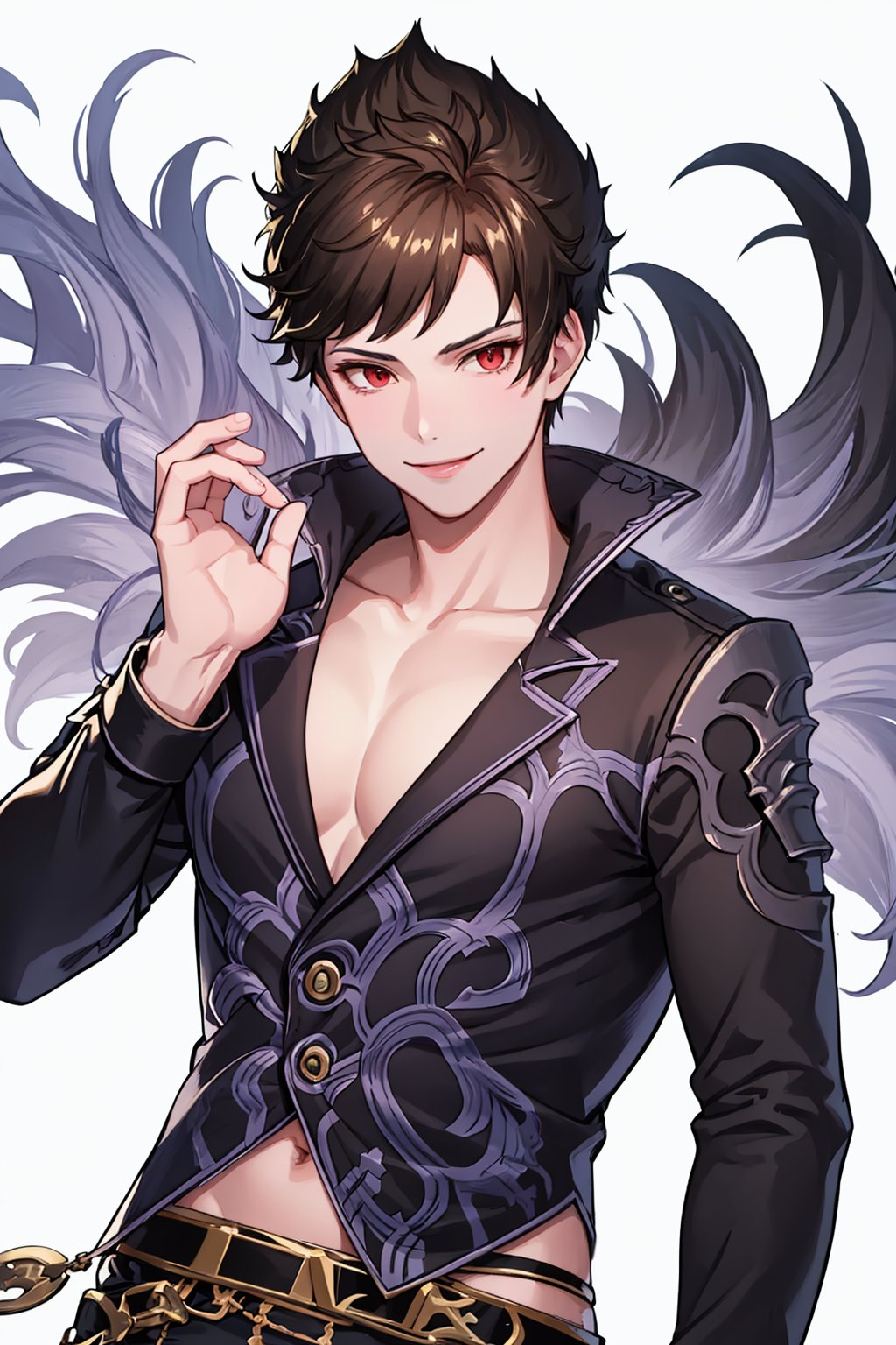 masterpiece,best quality, highly detailed, belial (granblue fantasy),1boy,solo,male focus,feather boa,looking at viewer,smile,pectoral cleavage,black shirt<lora:belial_(granblue_fantasy):1>,simple background,white background