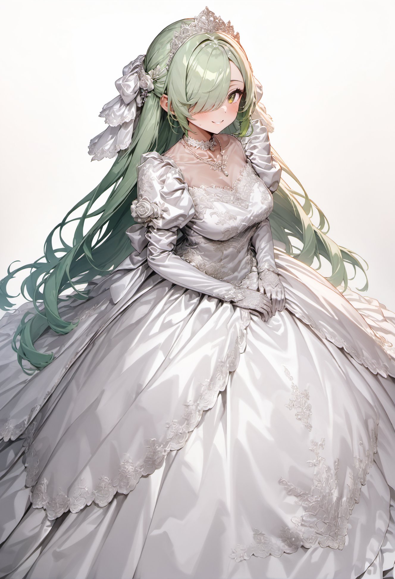 ultra-detailed, masterpiece, best quality, wallpaper, 8k, pixiv,standing, (solo, 1milf, over 30 ages), princess, bride,smile,green hair, shiny hair, hair over one eye,tsurime,over skirt, tiala, bridal vail, (white metalic satin),(white simple background:1.3), <lora:Wedding_Dress_v2:1> wedding dress, lace trim, choker, necklace, long dress, lace gloves, juliet sleeves, puffy sleeves, long sleeves,