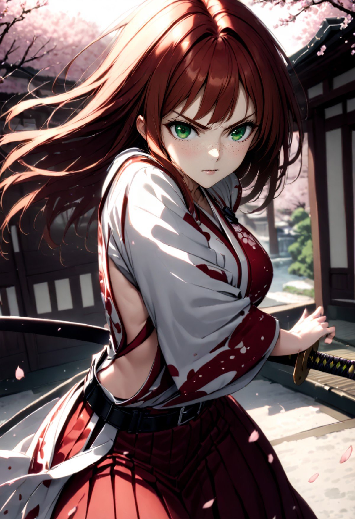 a realistic 20 year old anime kmw top model redhead woman, freckles,battoujutsu sword stance,sword, katana, sheathed,incoming attack,dynamic,((traditional japanese white ornate battle kimono, black belt)),serious, focused,agressive,small breasts, flat chest,japanese architecture background, sakura blossoms, sakura trees,scenery,view from behing,green eyes, <lora:kmw_v53:1> <lora:battoujutsu-sword-stance:1>