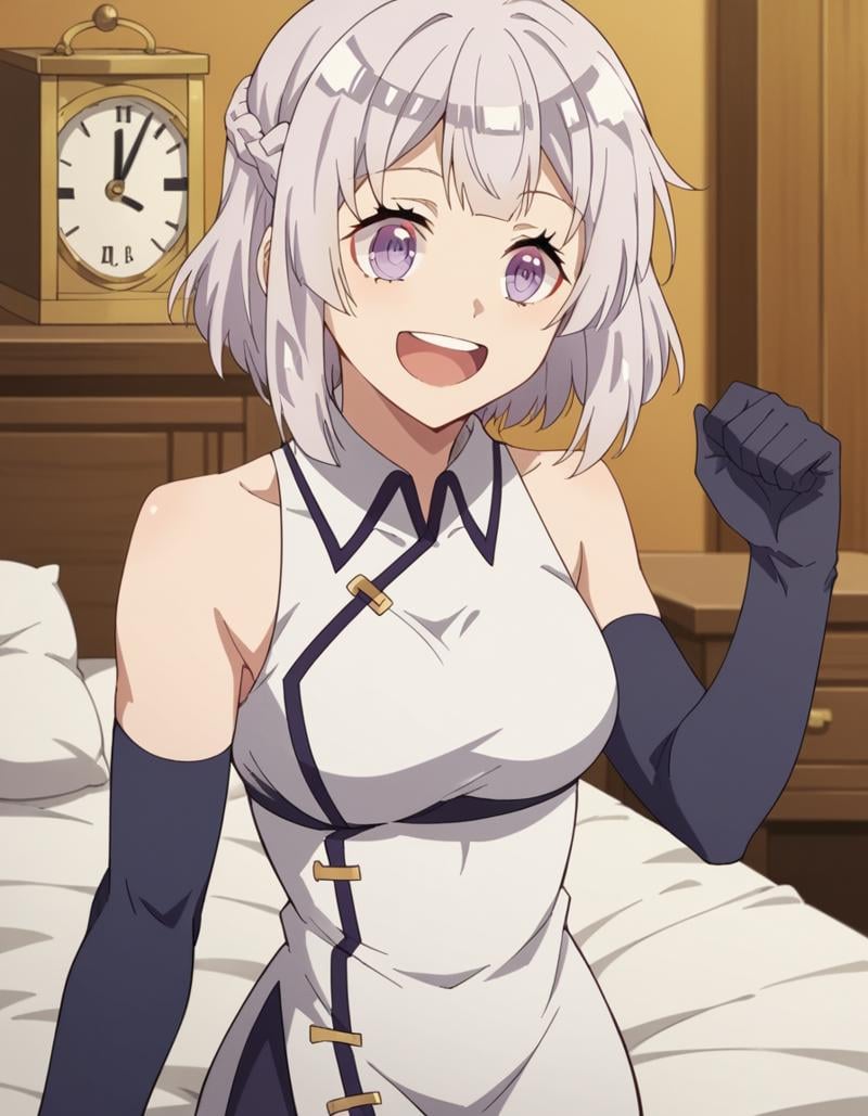 score_9, score_8_up, score_7_up, source_anime, <lora:farming-isekai-hakuren-s1-ponyxl-lora-nochekaiser:1>, hakuren, short hair, purple eyes, braid, grey hair,, gloves, bare shoulders, sleeveless, black gloves, elbow gloves, chinese clothes,, bedroom, alarm clock, morning routine, yawning, stretching, on bed,, smile, , arm in a sling, solo,, cowboy shot, dutch angle