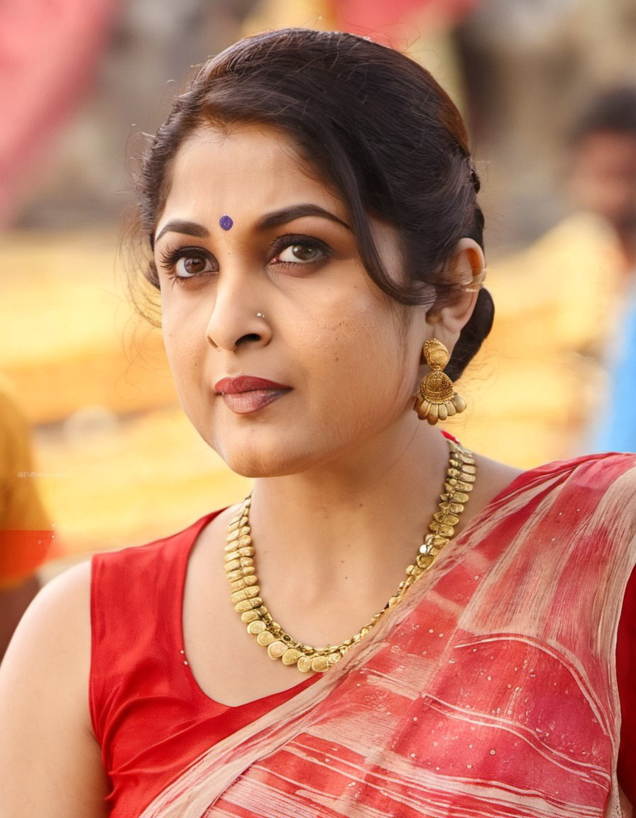 RamyaKrishnan, An image of a young woman with a soft, natural complexion and a low bun hairstyle, featuring loose strands of hair on the right side of her face. She poses semi-profile, facing slightly to the right, with her gaze meeting the camera. She wears a sleeveless red top with a small white dot pattern and a delicate gold necklace. The lighting is soft and natural, accentuating her thoughtful expression, against a softly blurred background