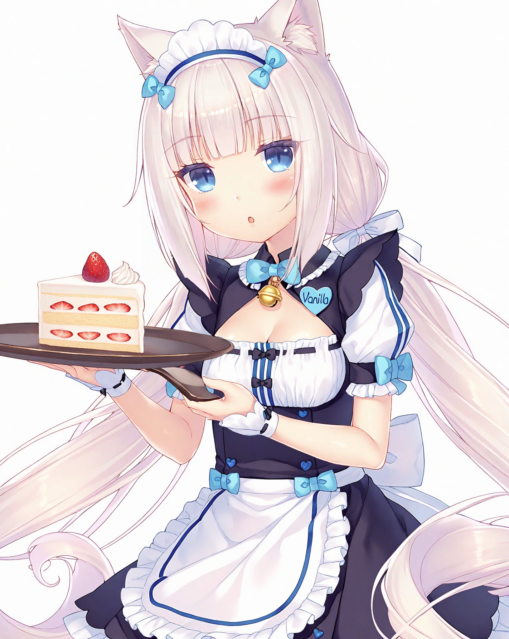 Nekopara,NK_New_Style, Vanilla_\(nekopara\), 1girl, solo, cake, animal_ears, food, blue_eyes, long_hair, bow, breasts, blue_bow, cat_ears, bell, twintails, maid_headdress, short_sleeves, apron, white_hair, cleavage, simple_background, looking_at_viewer, white_background, blunt_bangs, maid, holding, bowtie, blush, puffy_short_sleeves, low_twintails, jingle_bell, name_tag, puffy_sleeves, blue_bowtie, very_long_hair, cake_slice, waist_apron, holding_tray, animal_ear_fluff, ribbon_trim, tray, frills, hand_up, medium_breasts, holding_plate, cleavage_cutout, clothing_cutout, plate, waitress, white_apron, hair_bow, :o, parted_lips, ribbon, cat_girl, dress, fruit, strawberry, neck_bell, frilled_apron, wrist_cuffs, open_mouth,