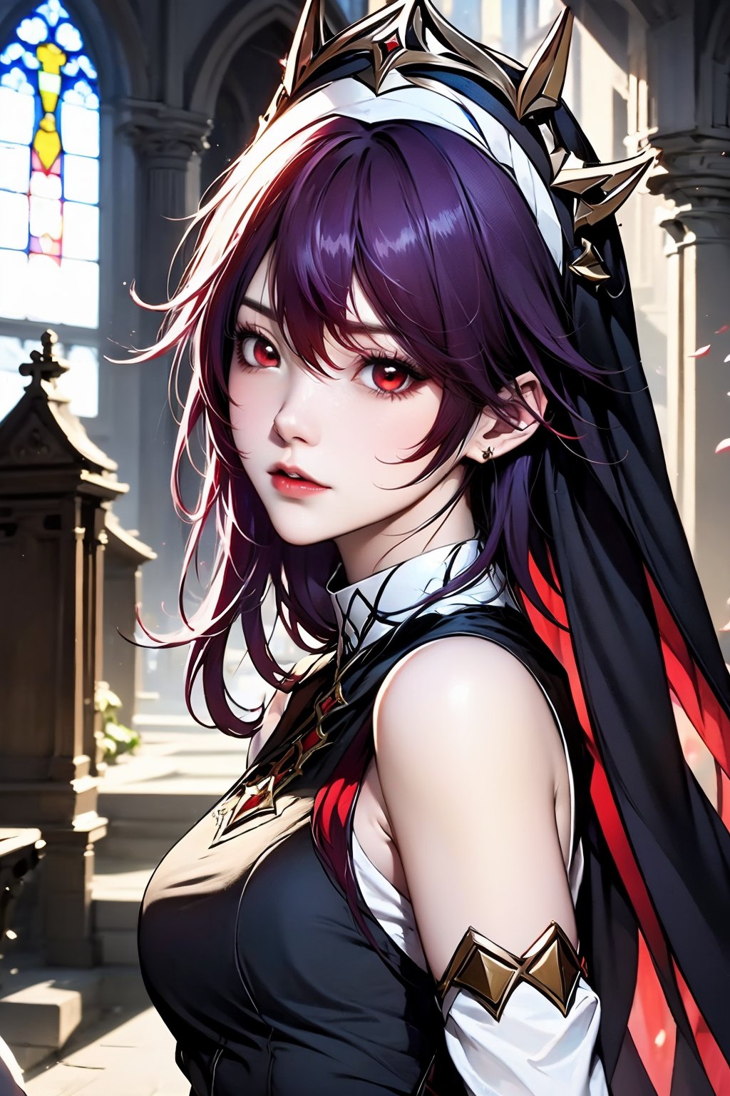 AgainAnimeLora2.8D, 1girl, rosaria \(genshin impact\), solo, red hair, looking at viewer, church, breasts, bare shoulders, petals, nun, red eyes, habit, purple hair, lips, hair between eyes, upper body, detached sleeves, multicolored hair, medium breasts, stained glass, veil, streaked hair, jewelry, sleeveless, mole, earrings, closed mouth, falling petals, parted lips, eyelashes, red lips, short hair, indoors, shirt, from side, mole under eye, long hair, multicolored headwear, nose, tiara, white shirt