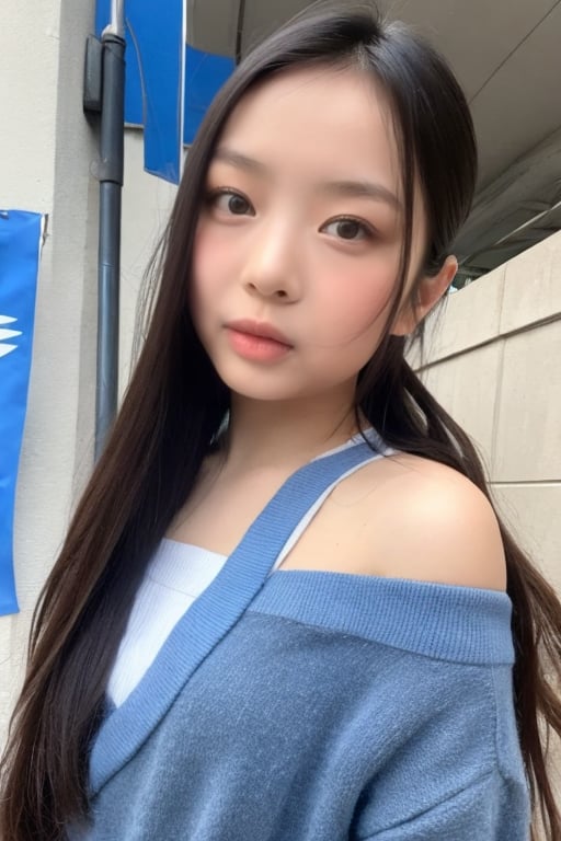 a medium-sized Asian girl with long,straight brown hair stands in front of a backdrop of a blue sky. She is dressed in a blue and white school uniform,adorned with a brown strap across her right shoulder. Her hair cascades over her shoulders,framing her face,adding a pop of color to the scene. The backdrop is blurred,creating a stark contrast to the girl's uniform,,<lora:hanni-000008:1>