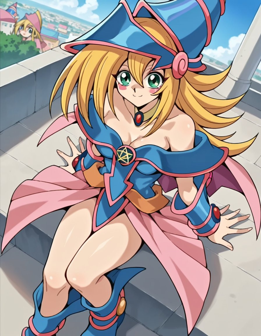 score_9, score_8_up, score_7_up, source_anime,darkmagiciangirl, <lora:dark-magician-girl-anime-ponyxl-lora-nochekaiser:1>dark magician girl, blonde hair, choker, green eyes, long hair, blush, blush stickers,bare shoulders, blue footwear, blush, blush stickers, cleavage, collarbone, duel monster, hat, off shoulder, pentacle, wizard hat,outdoors, cityscape, smile,looking at viewer, dutch angle, cowboy shot,