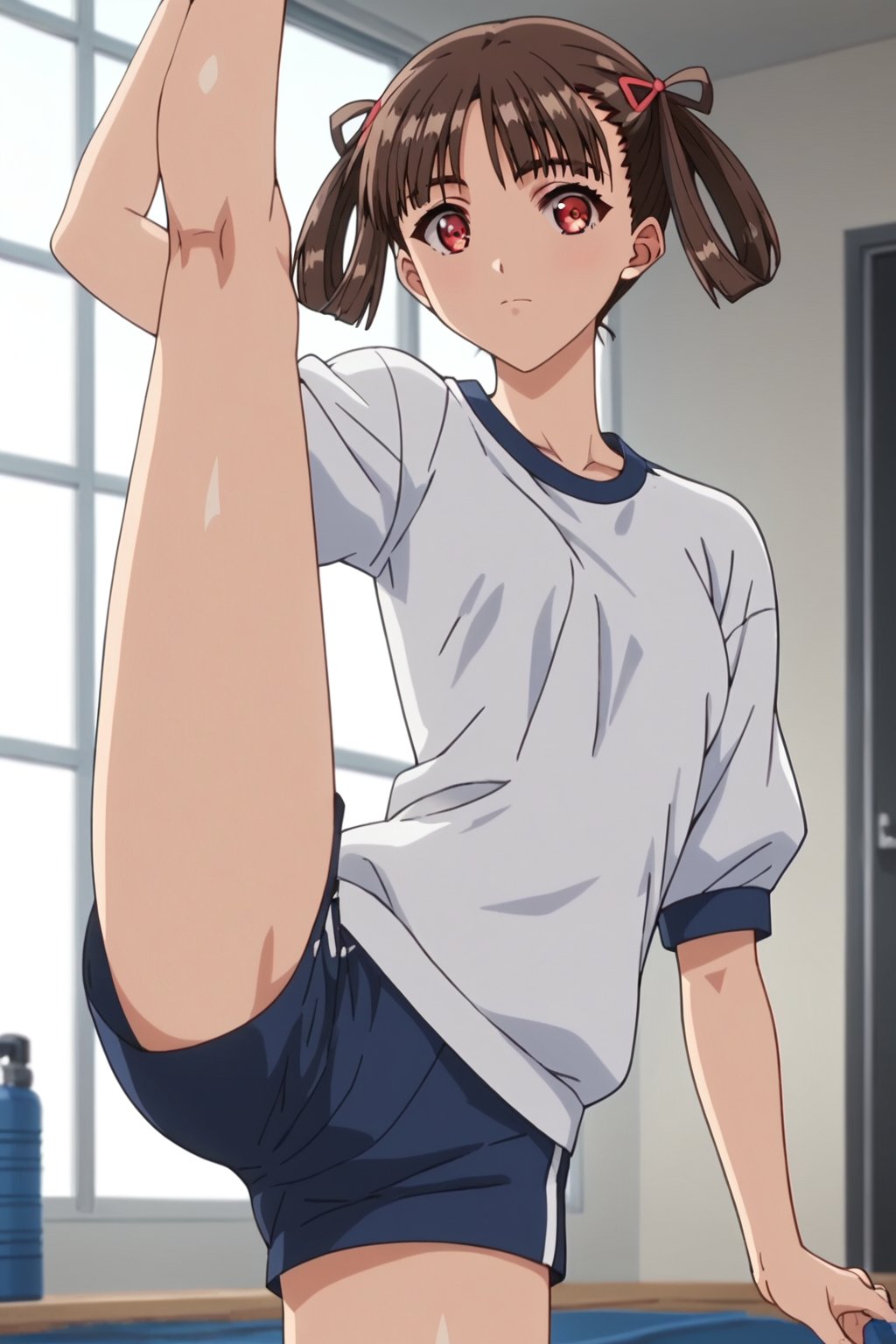 score_9, score_8_up, score_7_up, score_6_up, score_5_up, score_4_up, source_anime,soratani natsuki, red eyes, brown hair, hair rings,1girl, solo, gym uniform, gym, standing split, looking at viewer, cowboy shot,masterpiece, perfect face, best quality, beautiful girl, cute girl, beautiful eyes, shiny eyes, anime coloring, anime screencap, absurdres, award winning, <lora:soratani natsuki pony:0.8>