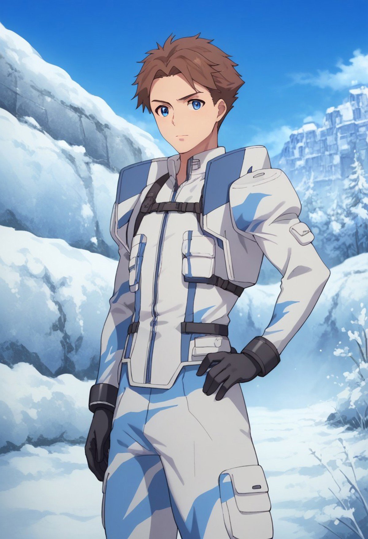 score_9, score_8_up, score_7_up, source_anime, highly detailed, heivia, 1boy, male focus, solo, brown hair, short hair, blue eyes, hand on hip, uniform, black gloves, military, military uniform, standing, looking at viewer, white uniform,outdoor, sky, blue sky, snow,