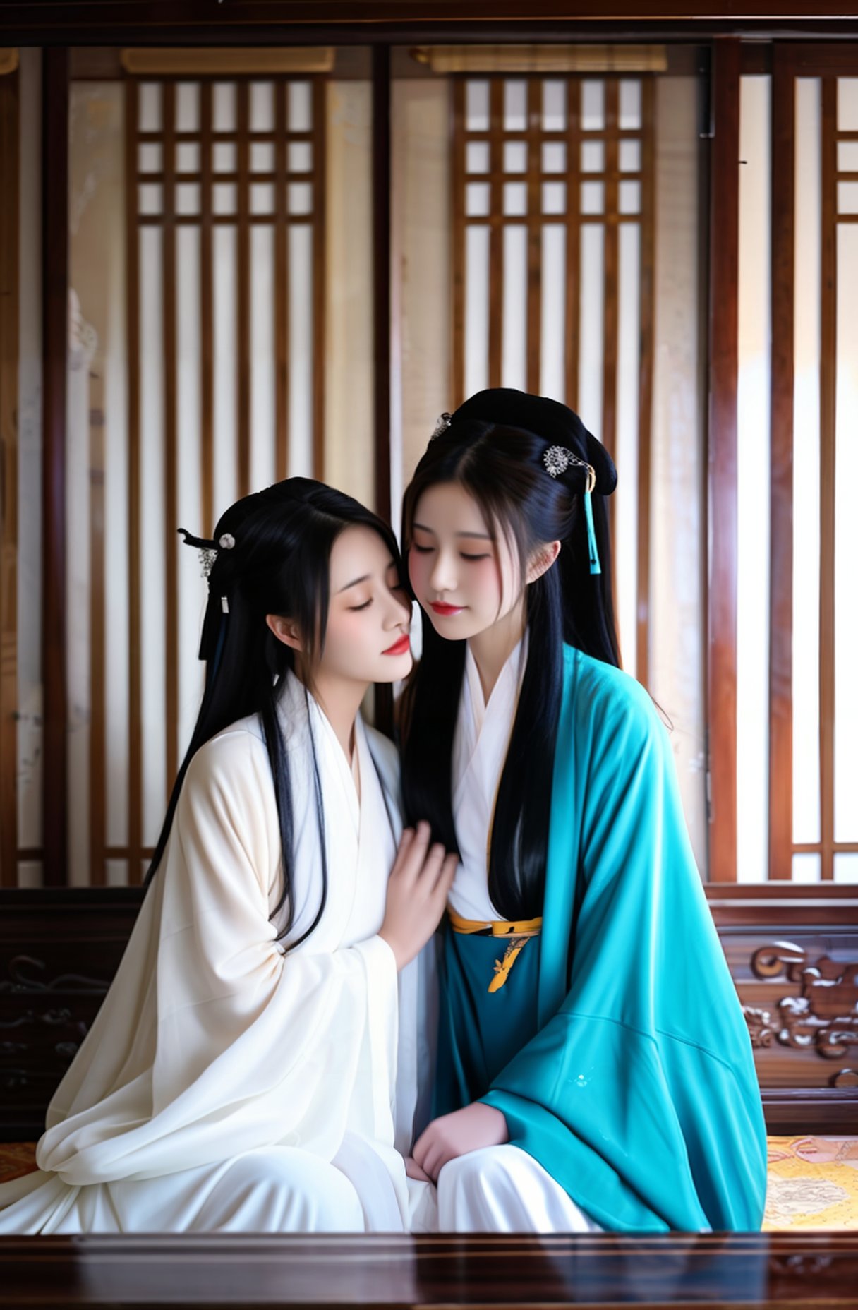 a photo from r/nakedhanfu, two women, black hair, closed eyes, long hair, indoors, hanfu, realistic, hair ornament, wide sleeves, holding, chinese clothes, hair bun, long sleeves, <lora:naked hanfuV1:0.85>, <lora:LCM_LoRA_Weights_SD15加速器:0.7>