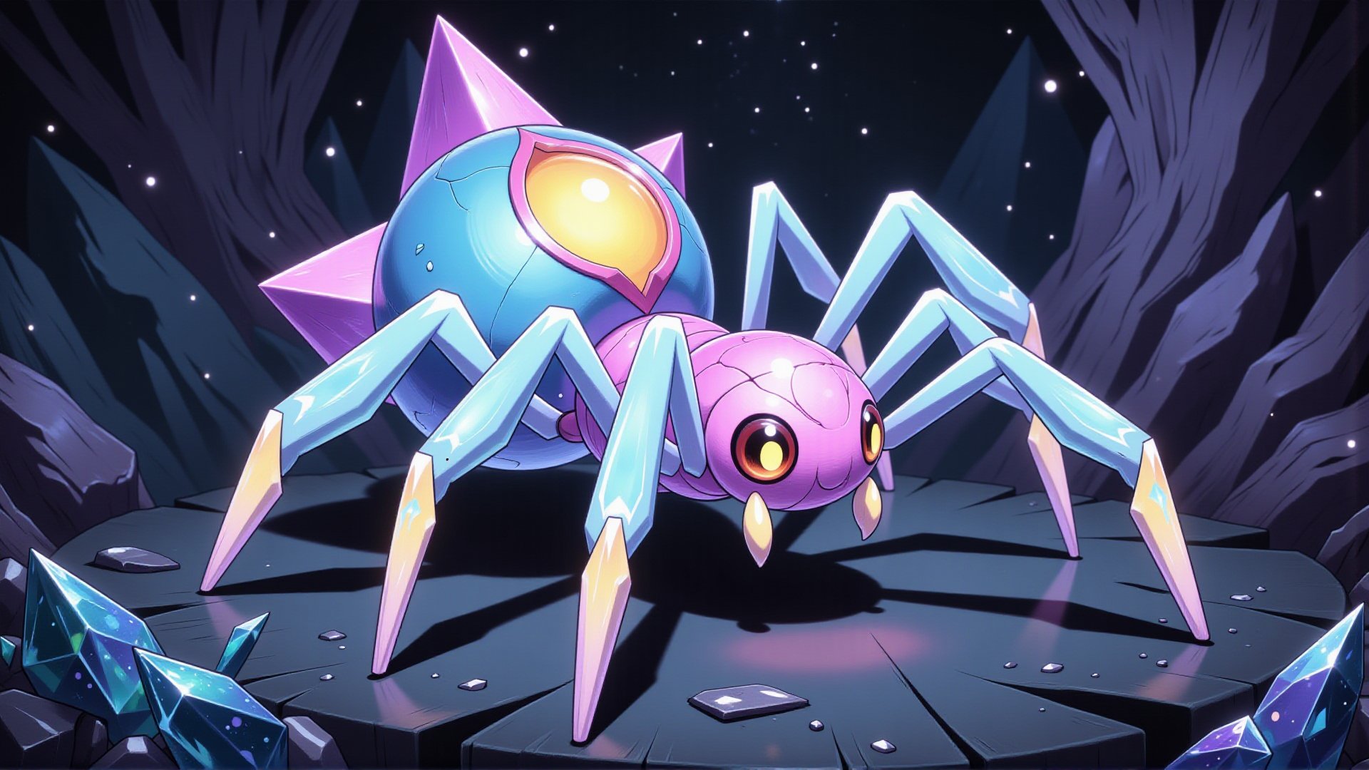 Meet "Glintzen", a luminescent, crystalline arachnid Pokémon. Its body resembles a geometrically-precise, iridescent spider, with a central, glowing core that shifts between hues of sapphire, amethyst, and citrine. Six delicate, crystalline legs branch out from its core, each tipped with microscopic, shimmering facets that refract light into dazzling displays. Glintzen's eyes burn with an inner radiance, capable of blinding its foes with intense, concentrated beams of light.As a Psychic/Bug-type, Glintzen can manipulate the crystalline structures within its body to create localized distortions in the light spectrum, bending reality to its will. Its signature move, "Prismatic Shift", allows it to reconfigure its crystalline form to adapt to changing battle conditions, shifting its type advantages and vulnerabilities on the fly.In its natural habitat, Glintzen inhabits glittering, gemstone-encrusted caverns deep within ancient, mystical mountains. There, it weaves intricate, shimmering webs that resonate with the planet's hidden energies, using its crystalline legs to "tune in" to the whispers of the earth itself.