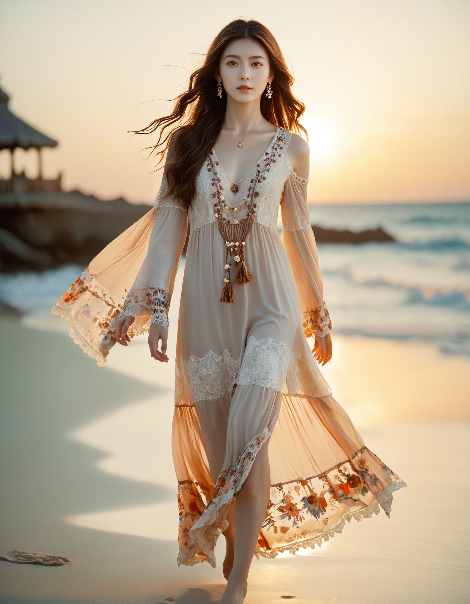 best quality, masterpiece, bohoai hinaigirl, playful theme,raw photo of a girl in floral long lace dress which often for ornate details and floral symbols, flowing long brown hair cascading over her shoulders,catwalk in the beach, bare feet, show legs, ocean background, sunset light, middle distance shot taken by long range lens, high key light, hard shadow, soft bokeh, professional photography, balanced contract, balanced exposure, <lora:boho_hinaigirl_v1:0.7>