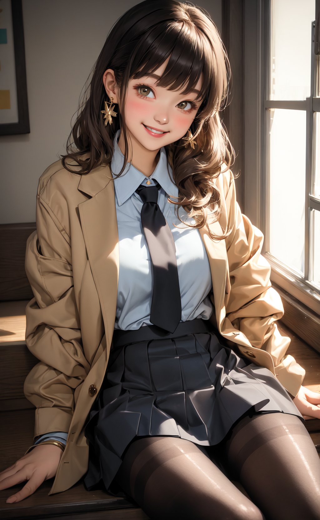 masterpiece, best quality, 1girl, bangs, shirt, skirt, jacket, pantyhose, earrings, blush, smile, relaxed, soft lighting