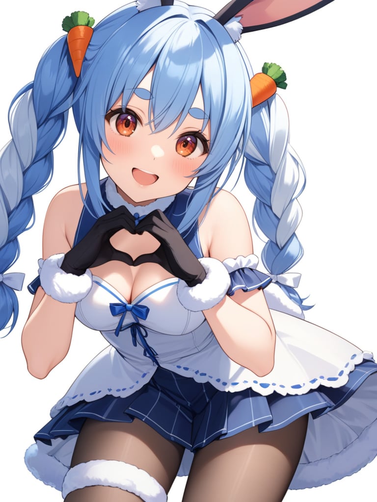 (best quality), ((masterpiece)), (highres), illustration, original, extremely detailed, 1girl, solo, heart hands, virtual youtuber, animal ears, usada pekora, heart, gloves, long hair, rabbit ears, pantyhose, hair ornament, braid, carrot hair ornament, looking at viewer, twin braids, food-themed hair ornament, breasts, black gloves, blue hair, smile, white background, simple background, animal ear fluff, open mouth, white hair, multicolored hair, blush, fur trim, two-tone hair, bangs, twintails, thick eyebrows, bridal garter, rabbit girl, medium breasts, detached sleeves, black pantyhose, don-chan \(usada pekora\)