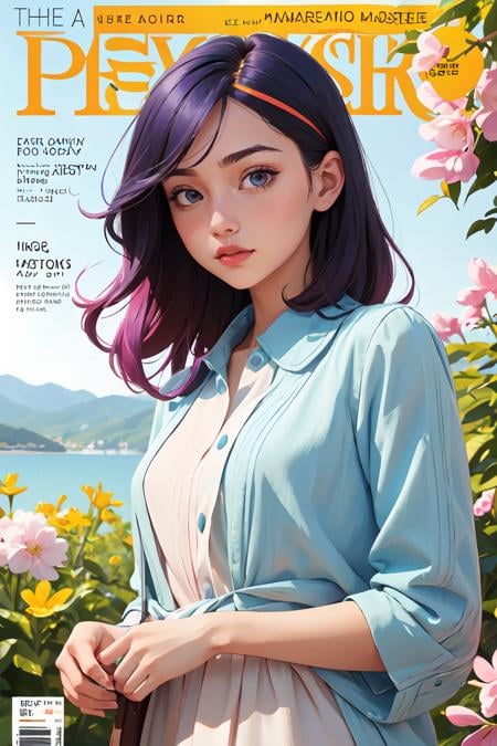 1girl, Masterpiece, Best quality, spring outfit, Colorful hair, Outdoor, MagazineCover ,Upper body, <lora:GoodHands-beta2:0.8>, scenery,