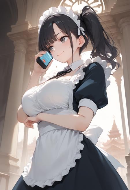 score_9, score_8_up, score_7_up, source_anime,1girl,solo,large breasts, maid headdress, maid, talking on phone ,smartphone, <lora:talkingonphone_Pony_v1:0.8>ceiling, wide shot, looking to the side, black hair, gray eyes,evil smile, temple, closed mouth, side ponytail hair,,