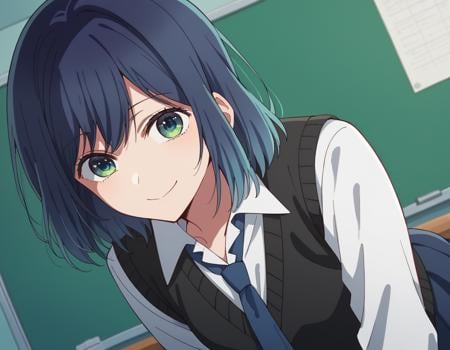 score_9, score_8_up, score_7_up, source_anime,akanekurokawa, <lora:akane-kurokawa-s1-ponyxl-lora-nochekaiser:1>,akane kurokawa, bangs, green eyes, blue hair, medium hair, dark blue hair,shirt, school uniform, white shirt, necktie, collared shirt, vest, blue necktie, skirt, blue skirt,indoors, classroom, bent over, smile,looking at viewer, cowboy shot, dutch angle, solo,