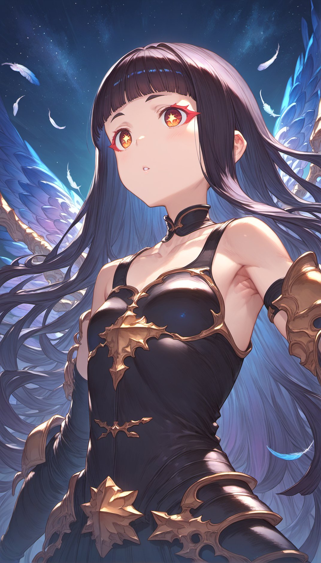 score_9, score_8_up, score_7_up, score_6_up,granblue, 1girl, black armor, silver|obsidian|black hair, feathers, leaning, long hair, blunt bangs, hime cut, multicolored hair, blackighting, armpits, eye focus, collarbone,dazzling, transparent, wings, jirai kei, colored eyelashes, parted lips, symbol-shaped pupils, night, star \(sky\), spiral galaxy, symbol-shaped pupils, detailed eyes, emphasis lines, cowboy shot, upper body, from below<lora:granblue_fantasy_style_pony:0.8><lora:IOS_Iridescent_opal_style:0.8><lora:ral-obsdn:0.8>