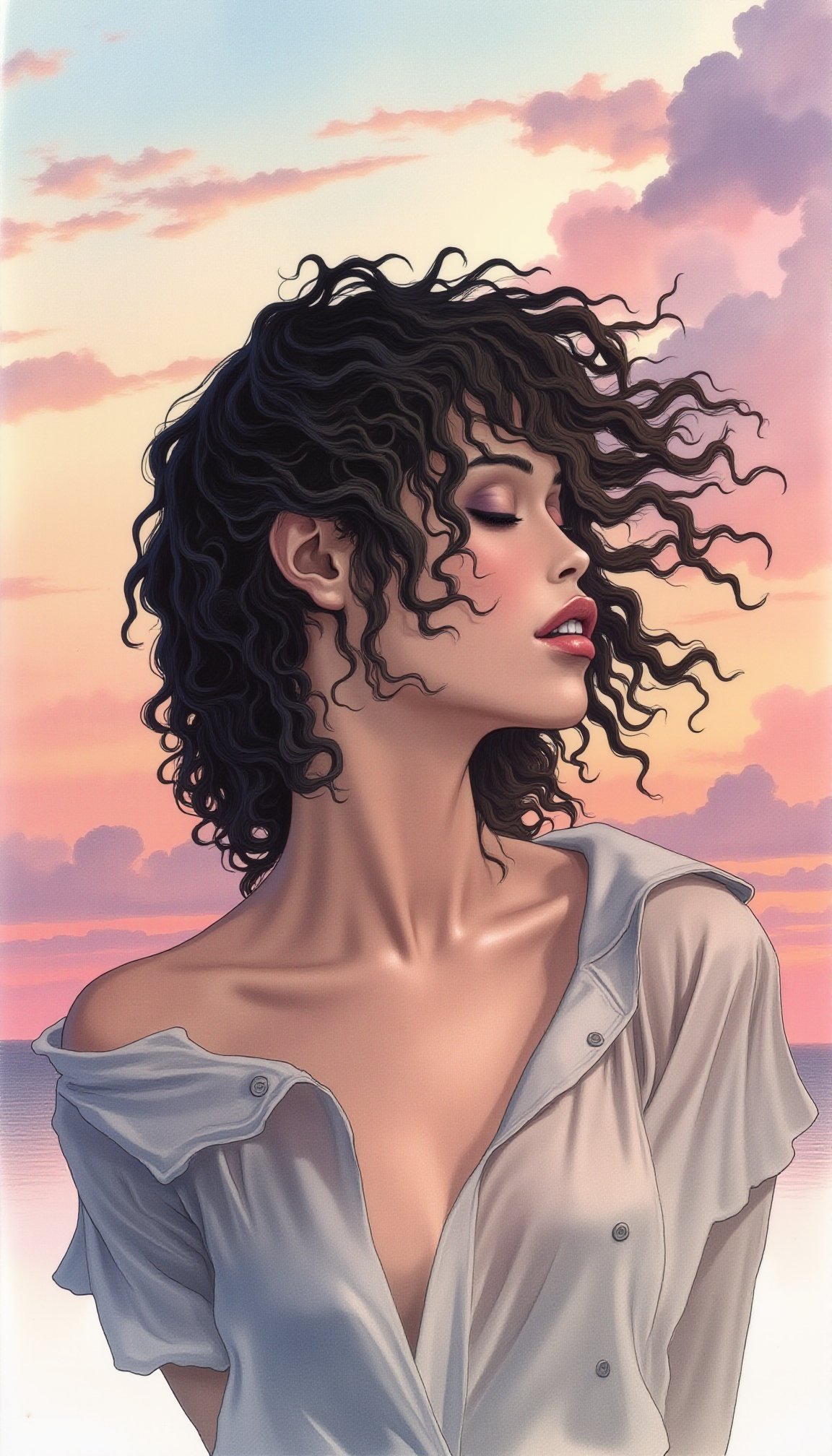 The image is a watercolor painting featuring a striking woman with a dramatic, windswept appearance. She is depicted against a serene, sunset sky with hues of pink, orange, and pale blue, suggesting a tranquil, perhaps nautical setting. Her curly, dark hair is tousled by the wind, and her eyes are closed, giving a sense of relaxation or surrender. Her facial expression is one of calm, with slightly parted lips. <lora:m4n4r4 v2 by Devildonia:1> m4n4r4