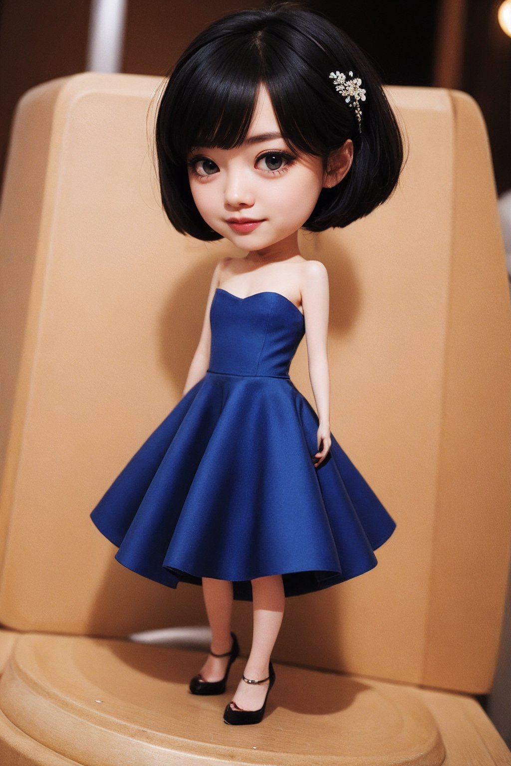 1woman,chibi,blue dress,black hair,