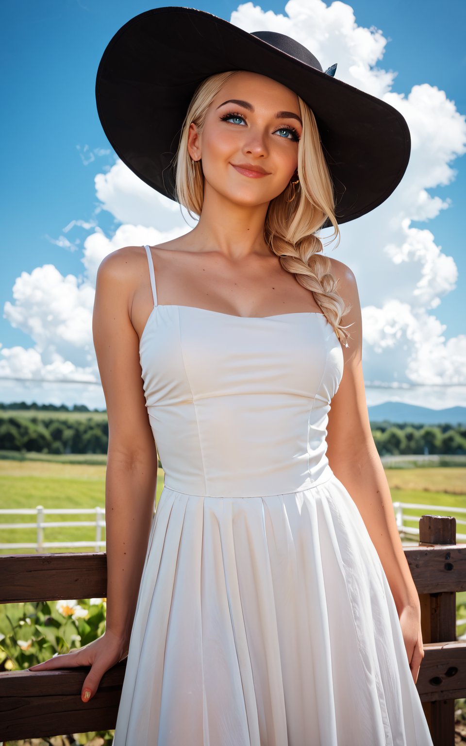 score_9,score_8_up,score_7_up, 1girl wearing a white dress and hat standing on a wooden fence with blue sky and clouds in the background, looking up at the sky with a smile on her face<lora:realistic_pony_v1_fp32:0.8>