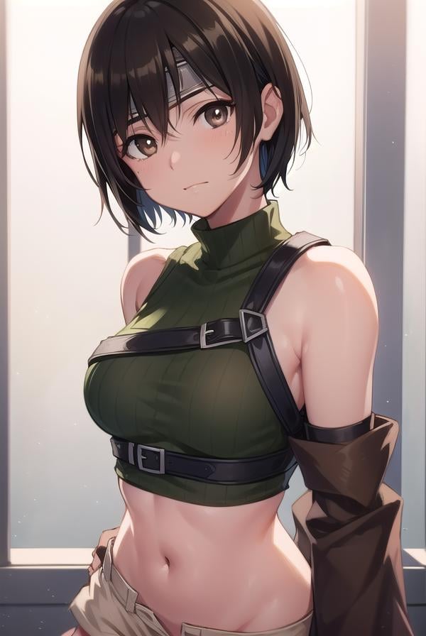 yuffiekisaragi, <lora:yuffie kisaragi v2-lora-nochekaiser:1>, yuffie kisaragi, (black hair:1.5), (brown eyes:1.7), short hair, pixie cut,BREAK crop top, fingerless gloves, fishnet thighhighs, fishnets, forehead protector, gloves, headband, navel, short shorts, shorts, single sleeve, single thighhigh, sleeveless, sleeveless turtleneck, thighhighs, turtleneck,BREAK cowboy shot, looking at viewer, BREAK indoors,BREAK <lyco:GoodHands-beta2:1>, (masterpiece:1.2), best quality, high resolution, unity 8k wallpaper, (illustration:0.8), (beautiful detailed eyes:1.6), extremely detailed face, perfect lighting, extremely detailed CG, (perfect hands, perfect anatomy),