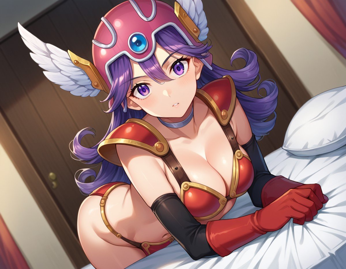 score_9, score_8_up, score_7_up, source_anime,dqsoldier, <lora:dq-soldier-ponyxl-lora-nochekaiser:1>,soldier, long hair, purple eyes, purple hair, curly hair,armor, bikini armor, choker, cleavage, elbow gloves, gloves, helmet, navel,indoors, bed, bed room, on side,looking at viewer, dutch angle, cowboy shot,