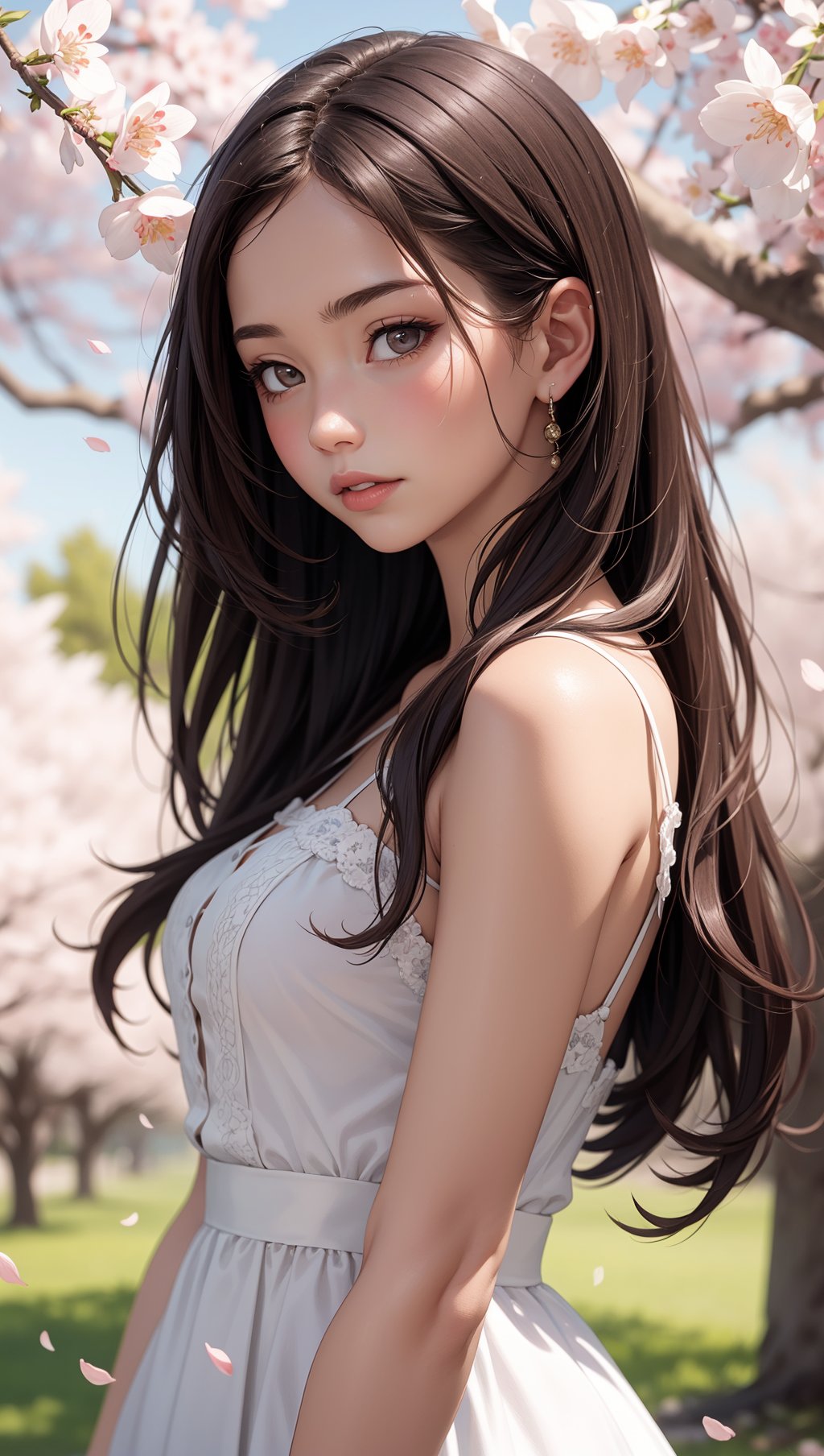 1girl,solo,dress,long hair,cherry blossoms,brown hair,lips,realistic,