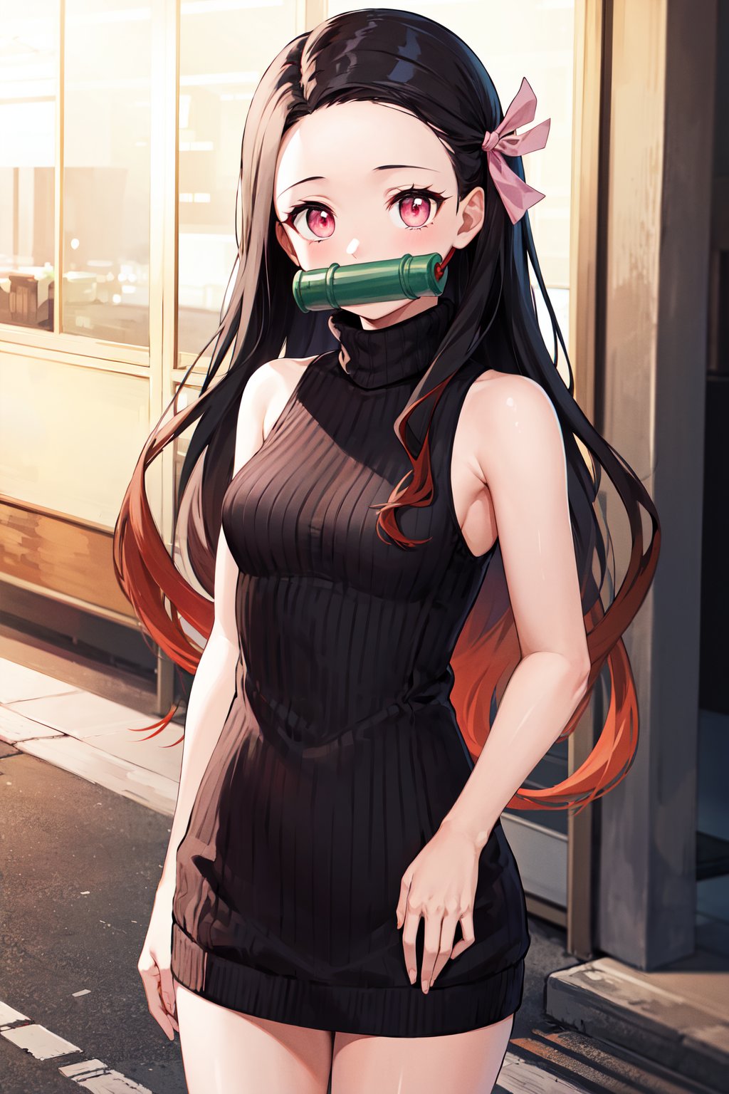 masterpiece, best quality, highres, aanezuko, long hair, multicolored hair, hair ribbon, bit gag, mouth hold, <lora:kamado_nezuko_v1:0.7>,  sweater dress, ribbed sweater, sleeveless, turtleneck, street, night, standing, cowboy shot,