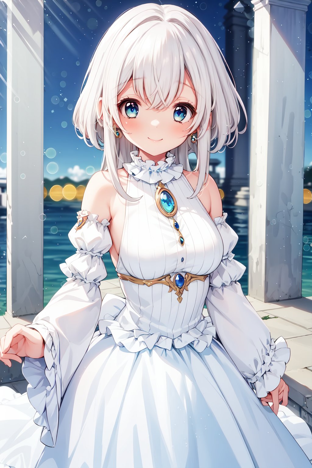 (masterpiece, best quality), solo, 1girl, lustrous skin, very aesthetic, absurdres, towa, (long hair), blue eyes, white hair, blurry background, bokeh, smile, dynamic, dress, mini skirt, frilled skirt, long dress, bare shoulders, jewelry, detached sleeves, sleeveless, wide sleeves, frilled_sleeves, brooch, gem<lora:EMS-352655-EMS:0.750000>