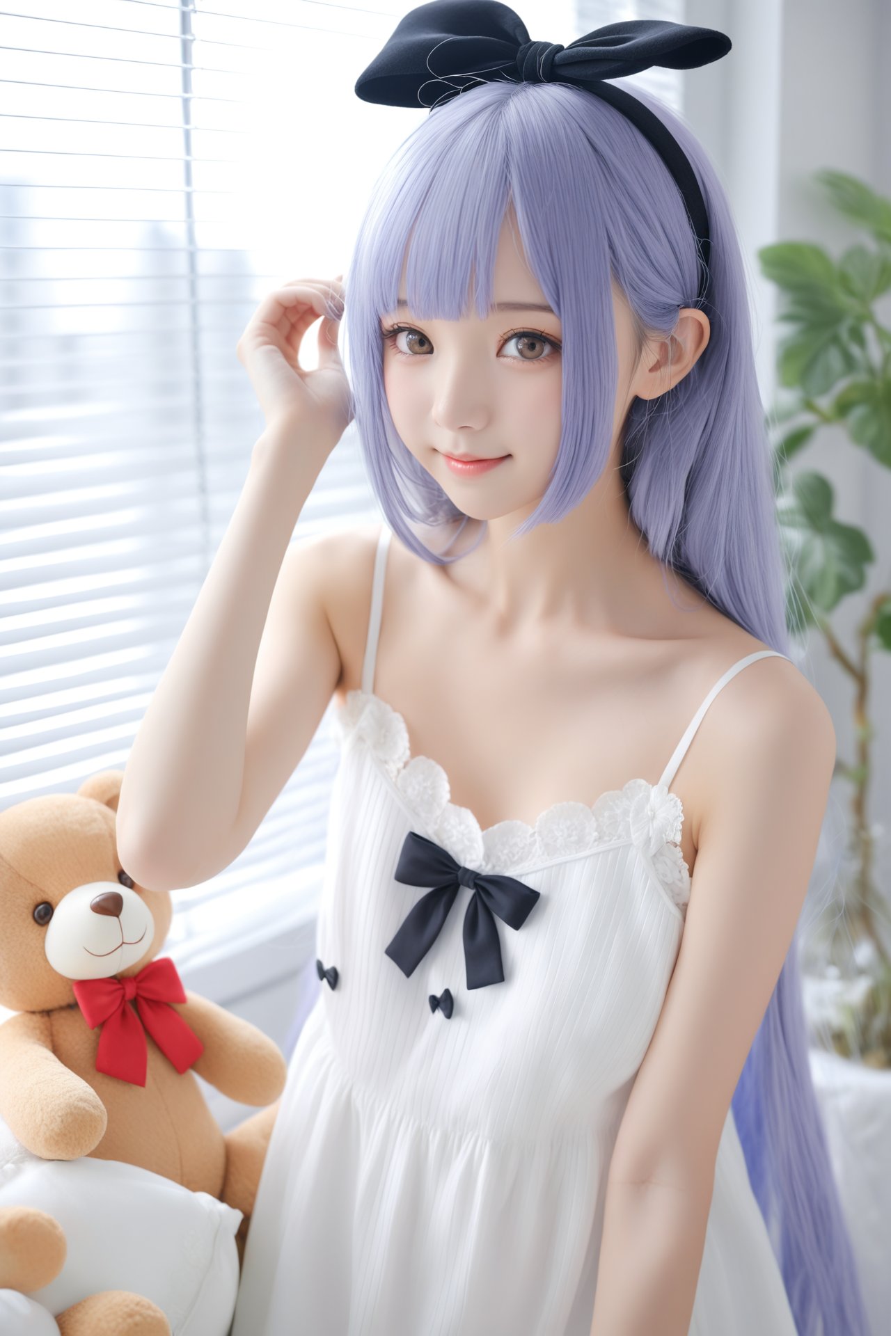 masterpiece,best quality,Realism,depth of field,lens_flare,loli,1girl, long hair, solo, stuffed animal, stuffed toy, hair bow, bow, black bow, teddy bear, looking at viewer, dress, white dress, indoors, realistic, hairband, plant, smile, window blinds, grey eyes, blunt bangs, blue hair, breasts, collarbone, closed mouth, very long hair, bare shoulders, grey hair, lips, window, sleeveless dress, small breasts, black hairband, hand on own head, potted plant, spaghetti strap, brown eyes, sleeveless, cleavage, blurry, day, upper body