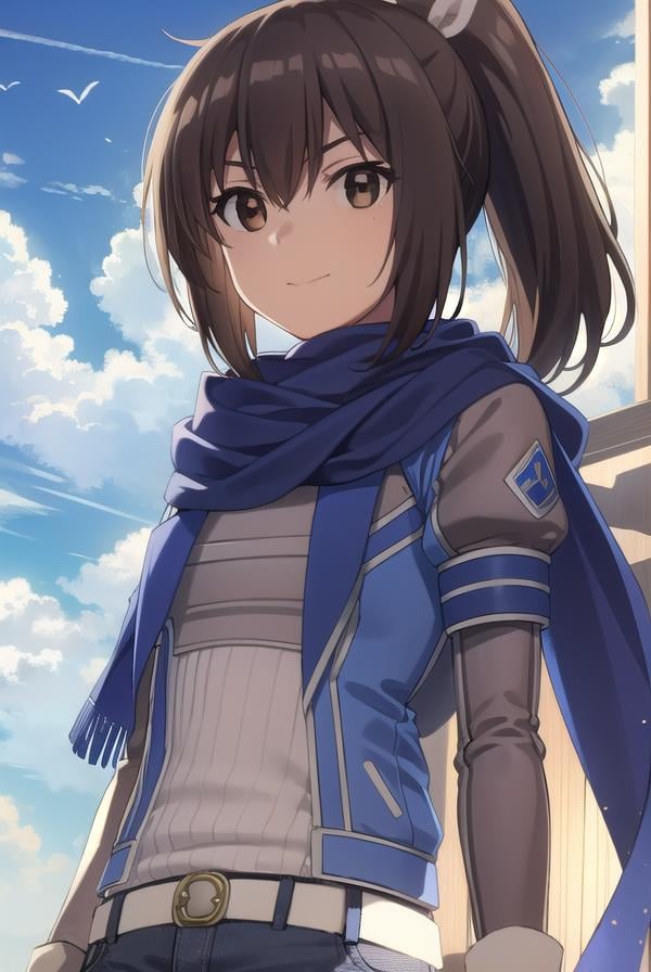 bofurisally, <lora:bofuri sally s2-lora-nochekaiser:1>, sally, long hair, brown hair, (brown eyes:1.5), ribbon, hair ribbon, ponytail, smile,BREAK gloves, shorts, scarf, blue scarf, shirt, white shirt, puffy sleeves, long sleeves, belt, denim shorts,BREAK outdoors, nature, forest, sun, sky, clouds, trees, grass,BREAK looking at viewer,BREAK <lyco:GoodHands-beta2:1>, (masterpiece:1.2), best quality, high resolution, unity 8k wallpaper, (illustration:0.8), (beautiful detailed eyes:1.6), extremely detailed face, perfect lighting, extremely detailed CG, (perfect hands, perfect anatomy),