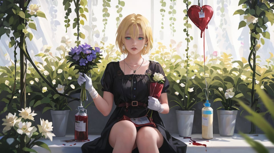 (best quality), ((masterpiece)), (highres), illustration, original, extremely detailed, <lora:ACG ART_V:0.7>intravenous drip, kagamine len, 1girl, flower, 1boy, gloves, blonde hair, bouquet, long hair, black gloves, holding, blood bag, holding bouquet, jewelry, dress, blue eyes, looking at viewer, purple flower, plant, white background, sitting, black dress, earrings, white flower, vines, leaf, bandages, parted lips, aqua eyes, knees up, shirt, short hair, black shirt