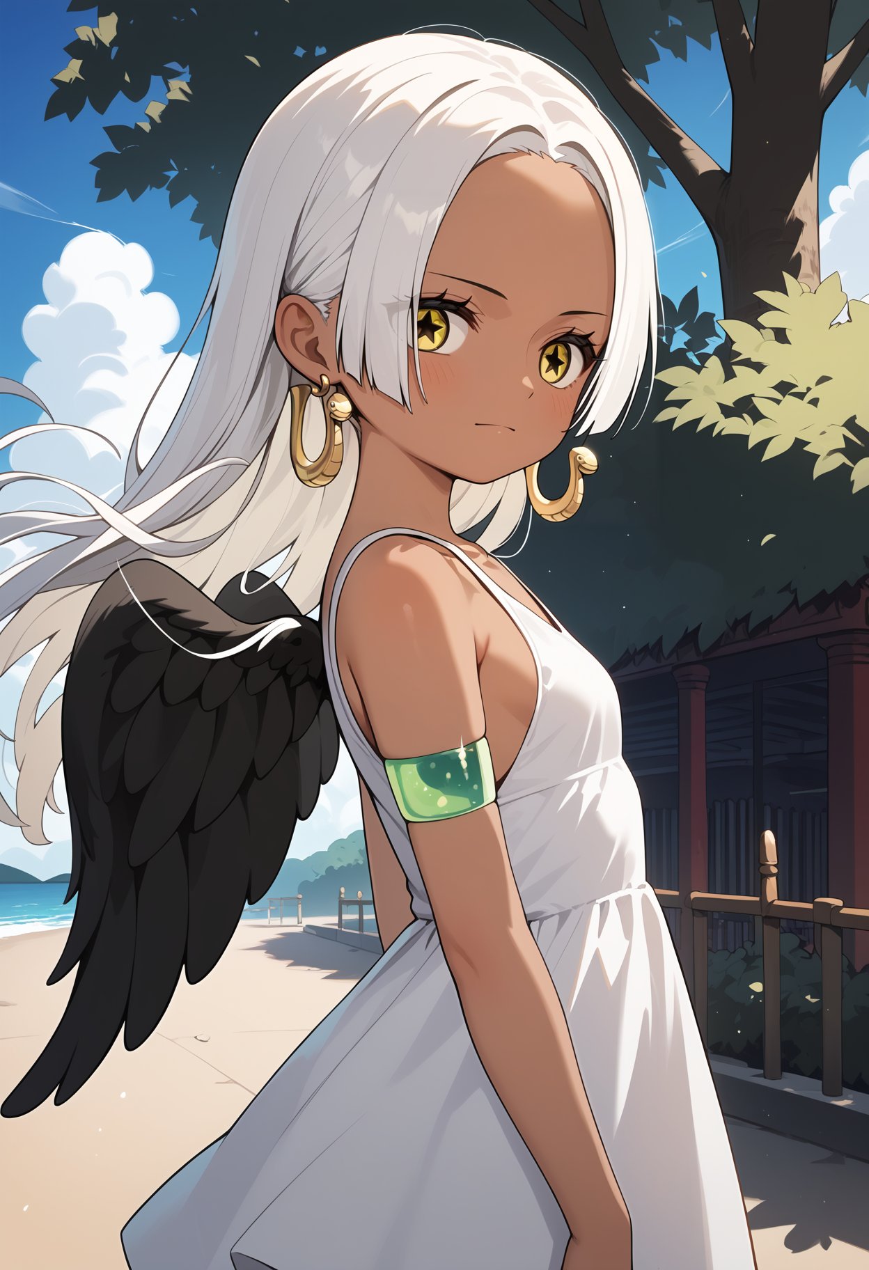 score_9, score_8_up, score_7_up, score_6_up, score_5_up, score_4_up, source_anime, aasnake, long hair, white hair, dark skin, earrings, yellow eyes, symbol-shaped pupils, black wings, small breasts. sundress, white dress, sleeveless, armlet, <lora:s-snake_ponyxl_v1:0.9>, standing, cowboy shot, outdoors