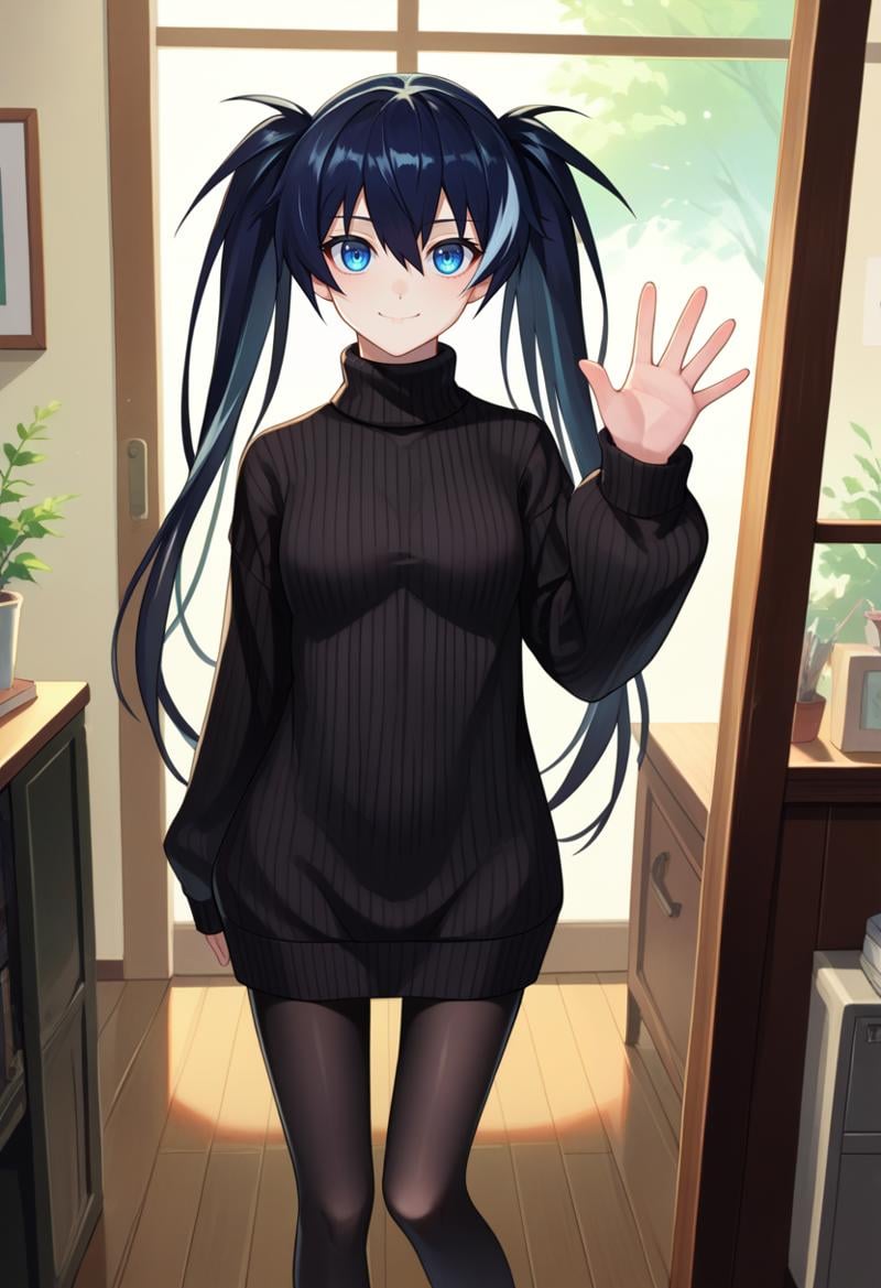 score_9, score_8_up, score_7_up, source_anime, solo, 1girl, blackrockshooter, pale skin, slight smile, looking at viewer, standing, waving, twintails, black sweater, sweater dress, ribbed sweater, turtleneck, black pantyhose, indoors <lora:blackrockshooter_blackrockshooter_ponyXL:1>