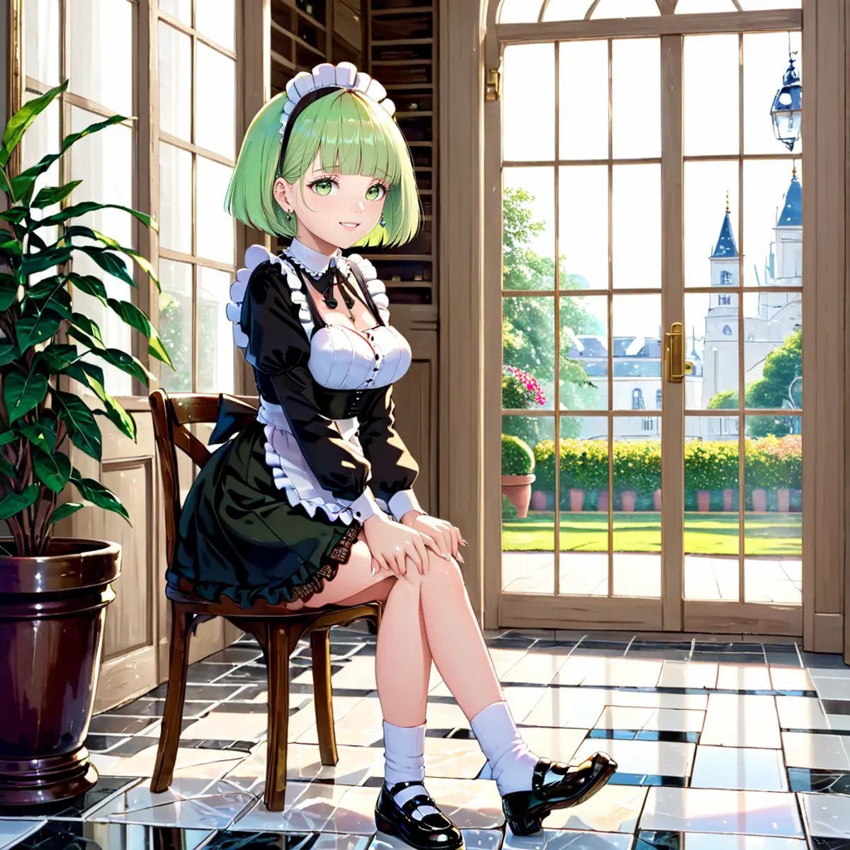 (masterpiece, best quality, highest quality, raytracing, HDR, realistic:1.4)BREAK maid outfit, short skirt with lace hemline, Mary Janes, ruffled socks, marble floor, potted plants, chandeliers, window, door, gold furnitureBREAK light green hair, green eyes, bob cut with blunt bangsBREAK (from side, seated, full body:1.2) <lora:STFD_V2:1>