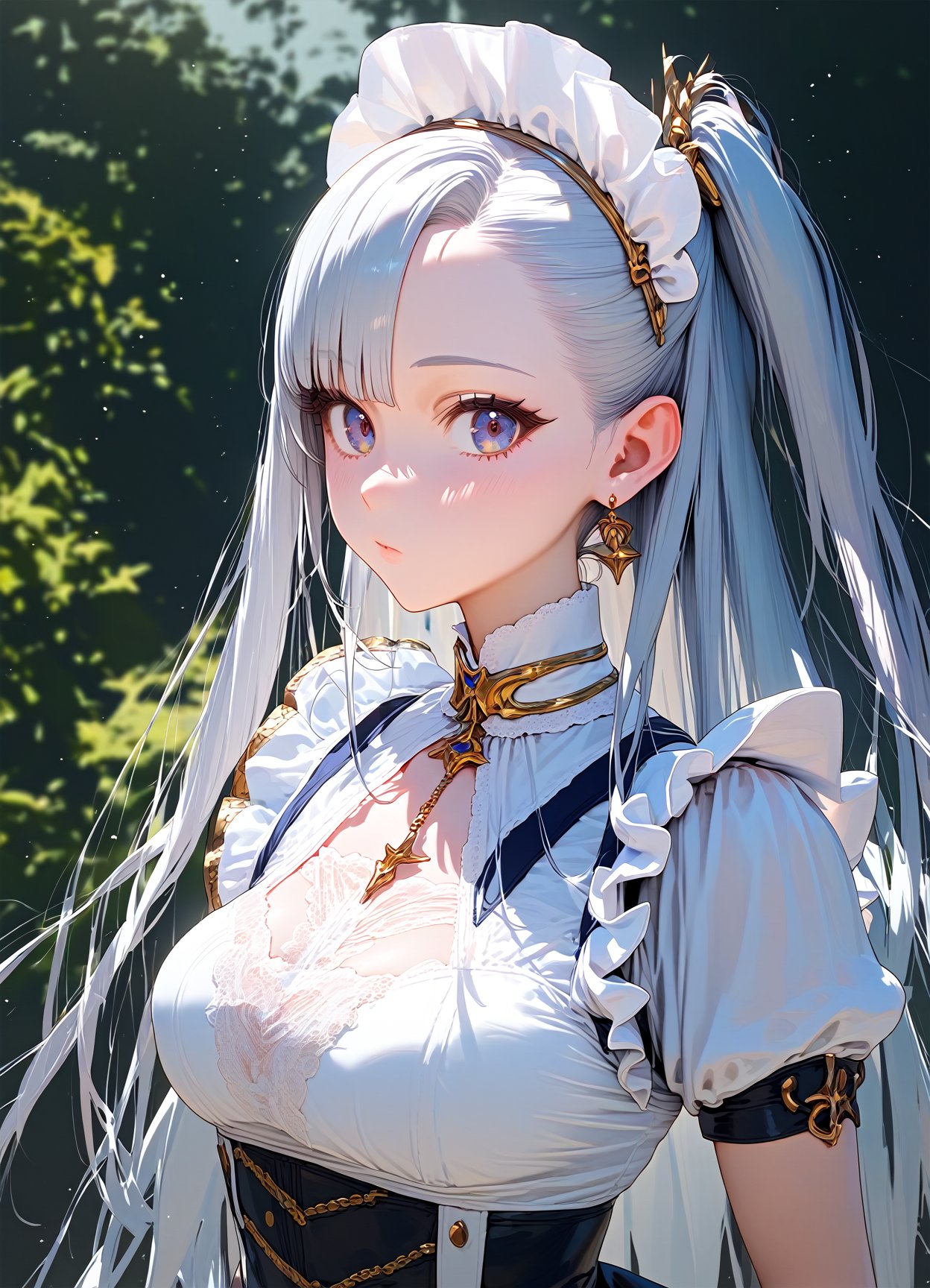 score_9, score_8_up, score_7_up ,source_anime , masterpiece, best quality, perfect anatomy , very aesthetic , official art,BRAKE1girl, solo, silver hair, one side up, long hair, asymmetrical bangs, maid's outfit, close-up of face, looking at viewer, 