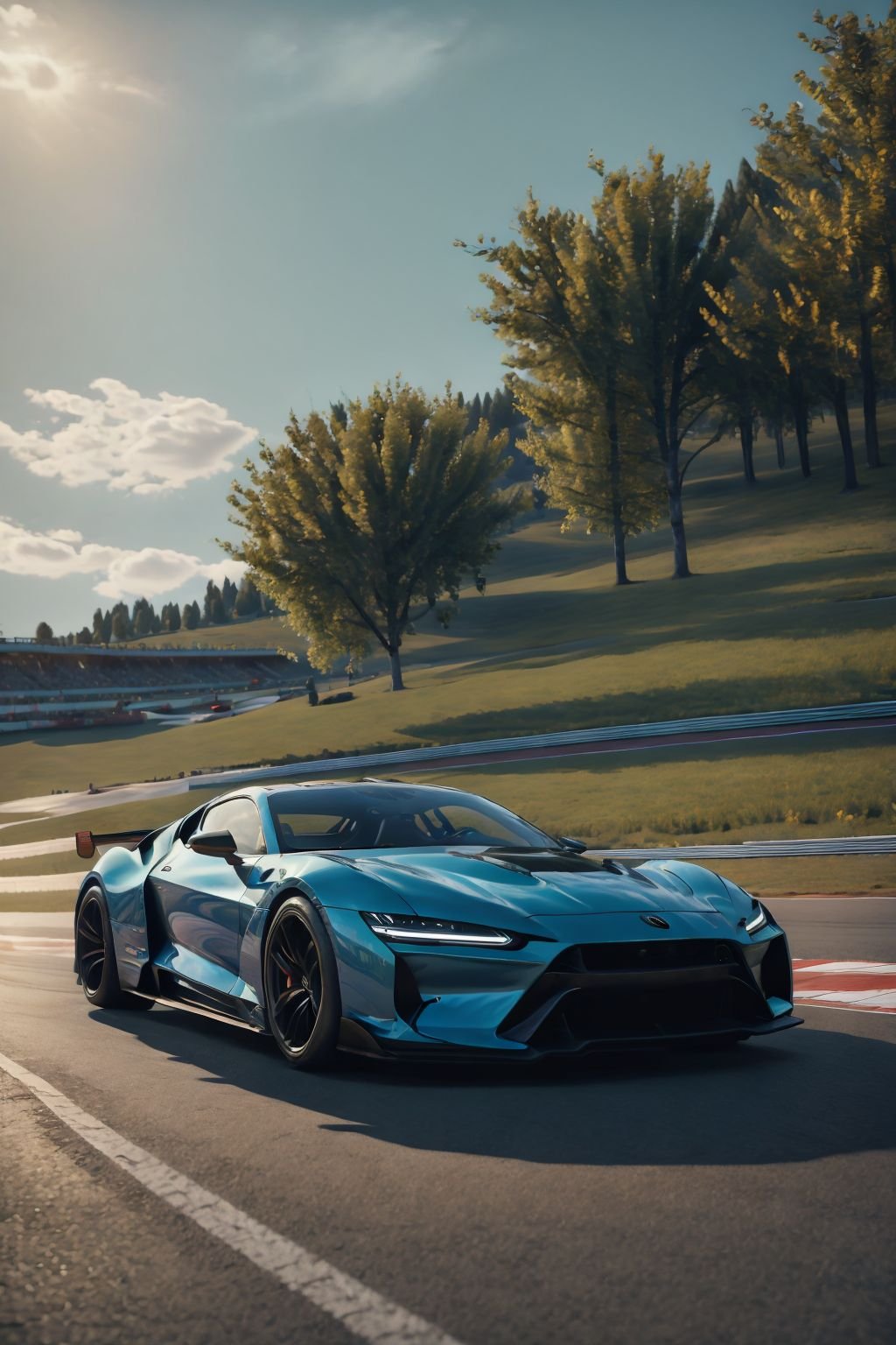 ultra realistic 8k cg,picture-perfect face,flawless,clean,masterpiece,professional artwork,famous artwork,cinematic lighting,cinematic bloom,sports car,outdoors,sky,cloud,tree,no humans,shadow,ground vehicle,scenery,motor vehicle,car,road,vehicle focus,sports car,