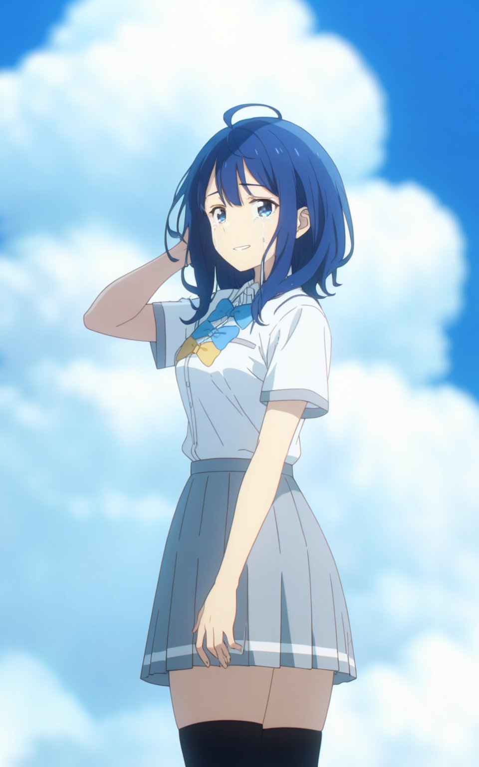 8k, best quality, masterpiece, (ultra-detailed), (high detailed skin), <lora:Yanami_Anna-a3-Tanger:0.8>, Yanami Anna, 1girl, blue hair, blue eyes, default clothes, socks, white shirt, short sleeves, school uniform, bow, beautiful blue sky, cloud, standing, upper body, looking at viewer, tears, smile, fingers through hair., 