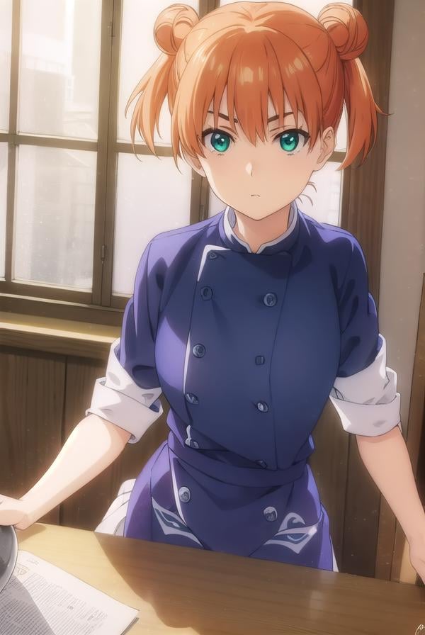 yuukiyoshino, <lora:yuuki yoshino s1-lora-nochekaiser:1>,yuuki yoshino, short hair, twintails, (green eyes:1.3), hair bun, orange hair, double bun,BREAK chef, pants, white pants,BREAK indoors, kitchen,BREAK looking at viewer, (cowboy shot:1.5),BREAK <lyco:GoodHands-beta2:1>, (masterpiece:1.2), best quality, high resolution, unity 8k wallpaper, (illustration:0.8), (beautiful detailed eyes:1.6), extremely detailed face, perfect lighting, extremely detailed CG, (perfect hands, perfect anatomy),