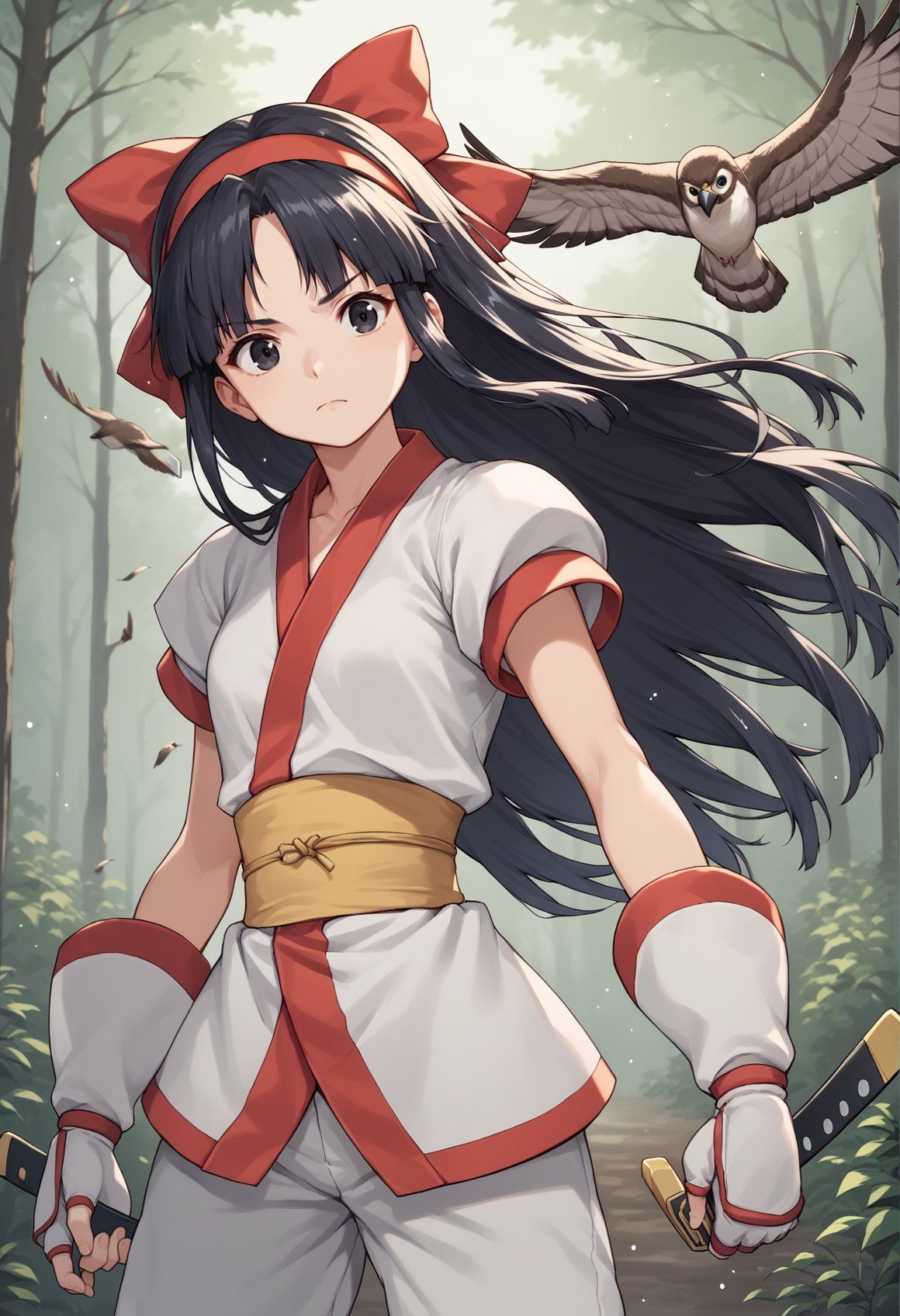 1girl, long hair, black hair, hair bow, hairband, black eyes, ainu clothes, japanese clothes, short sleeves, pants, fingerless gloves, holding weapon, dagger, serious, scabbard, bird, hawk, outdoors, forest, cowboy shot   <lora:Nakoruru XL:1>, score_9, score_8_up, score_7_up, score_6_up, score_5_up, score_4_up, BREAK source_anime, masterpiece