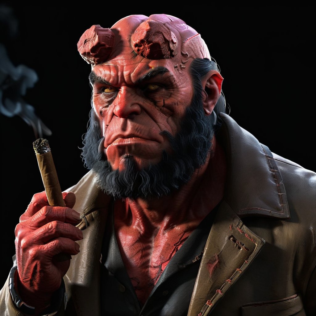 ultra-detailed,8K,detailed light,detailed shadow,RAW, (detailed skin),(realistic:1.2),hellboy smoking cigar, black background