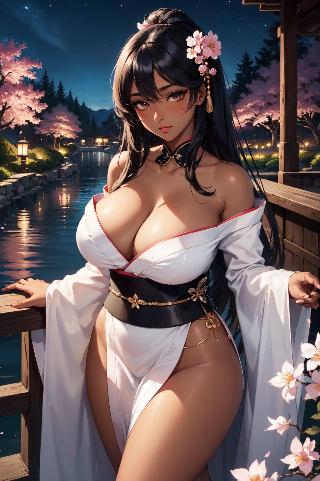 (masterpiece, best quality, hires, high resolution:1.2), (beautiful, aesthetic, perfect, delicate, intricate:1.2), (cute, adorable), (depth of field:1.2), (1girl, solo), (dark-skinned, dark skin, black skin, ebony:1.4), (sexy geisha), (eyeliner, eyelashes, eyeshadow, glossy lips), (long straight hair:1.4), (gigantic breasts, wide hips, thick thighs, curvy body, chubby), (groin),  bare shoulders, traditional japanese outfit, long flowing kimono, vibrant kimono, flowing sleeves, cleavage, no panties, standing, bridge, serene cherry blossom garden, tranquil, calm stream, soft pink petals, wooden railing, resplendent canopy, gentle glow, tranquil pond, mirror-like surface, (at night:1.2), (cowboy shot:1.4),