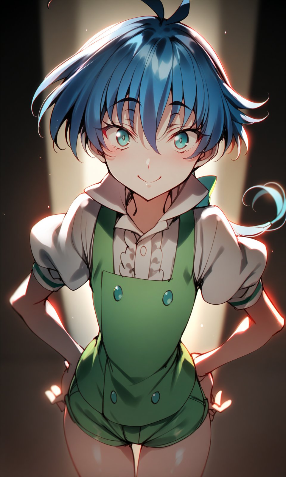 solo, 1boy, lloyd, aqua eyes, blue hair, short hair, low ponytail, green vest, white shirt, puffy short sleeves, green short shorts, looking at viewer, smile, =), hands on own hips, upper body, masterpiece, best quality, very aesthetic, absurdres, by creayus, <lora:LloydDeSaloum_XL:1> 