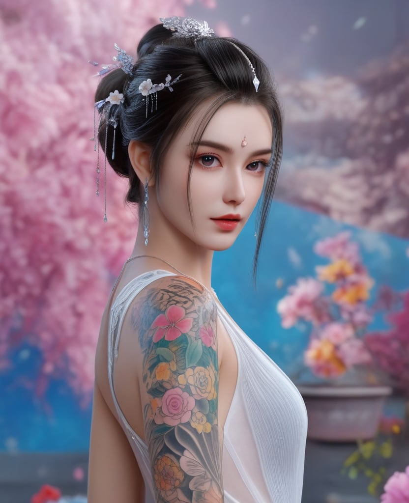 <lora:612-DA-XL-少年白马醉春风-玥瑶:0.8>(,1girl, ,best quality, ),looking at viewer,  ,,ultra detailed background,ultra detailed background,ultra realistic 8k cg,, ,masterpiece, (( , )),ultra realistic 8k cgSurrounded by strange, movie perspective, advertising style, Colorful background, splash of color A beautiful woman with delicate facial features,tattoo all over body, flower arms,