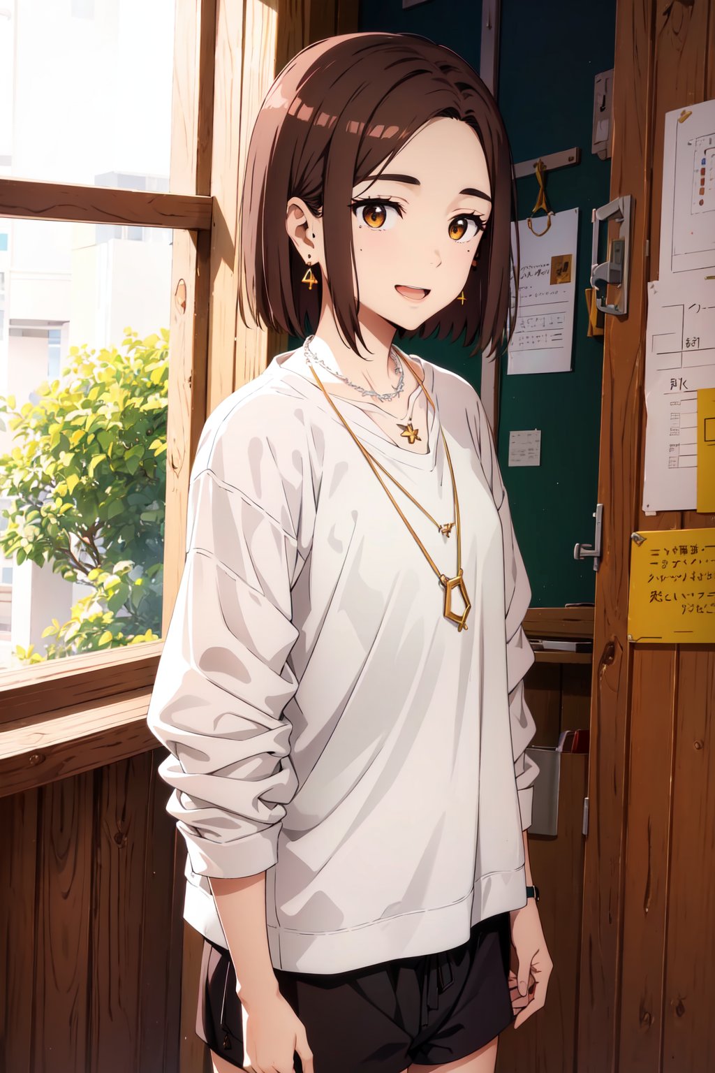 <lora:KotohaTachibana:0.8>, Kotoha Tachibana, 1girl, solo, looking at viewer, blush, smile, short hair, brown hair, shirt, brown eyes, jewelry, white shirt, :d, earrings, necklace, mole, mole under eye, shorts, tuck in, classroom, ((masterpiece))