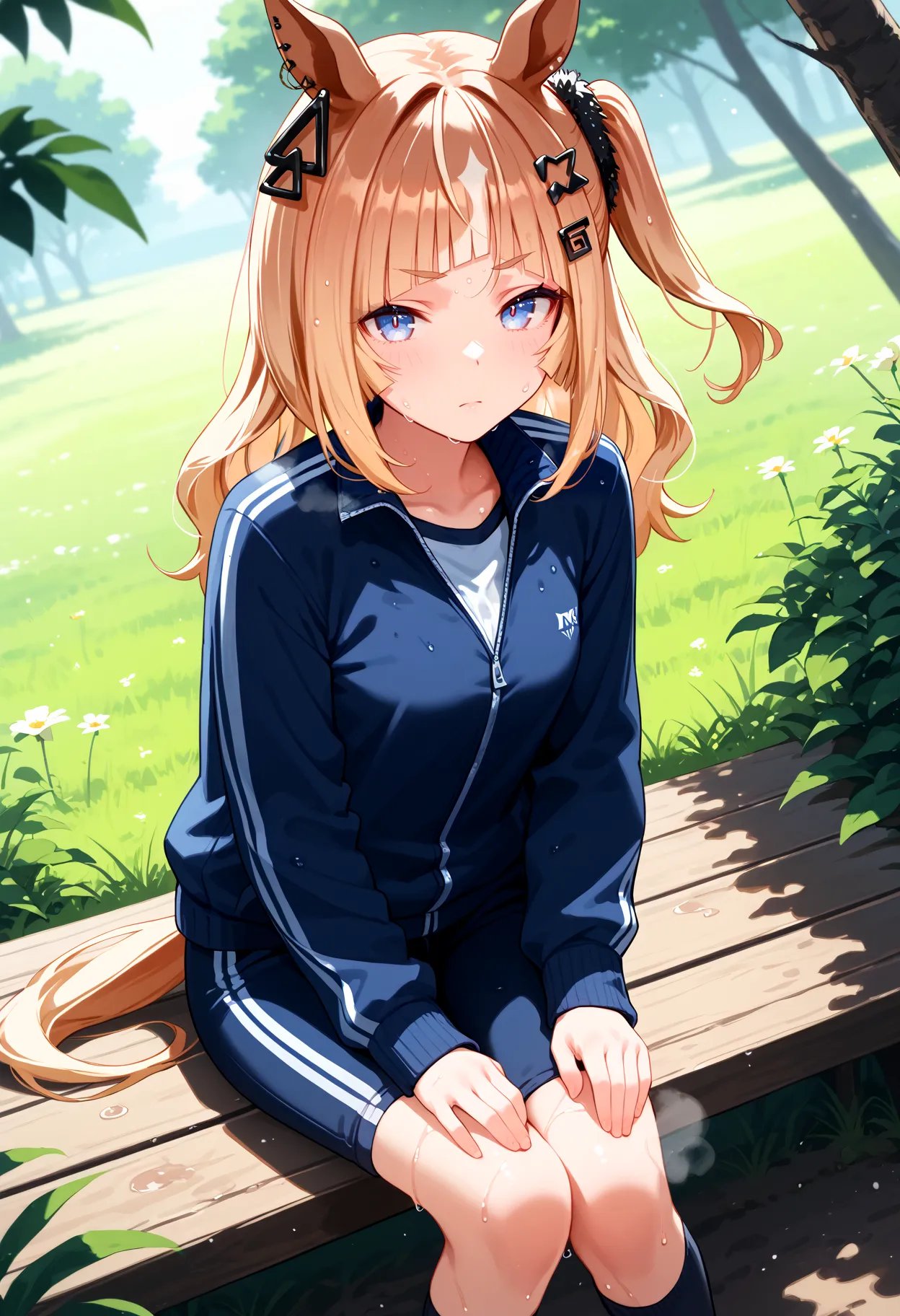 score_9, score_8_up, score_7_up, BREAK, best quality, masterpiece, very aesthetic, ultra detailed,very detailed background,BREAK,,zPDXL3,espoir_c, 1girl, solo, horse ears,  horse tail, blonde hair, multicolored hair, long hair, one side up, bangs, blue eyes, hair ornament,wet skin,steaming body,tracksuit,sweat drop,field,daytime,school gym clothes,Tired,standing, hands on knees,steam,Open Jersey,sittingdutch angle,<lyco:Espoir_C-ponyXL_locon:0.9>