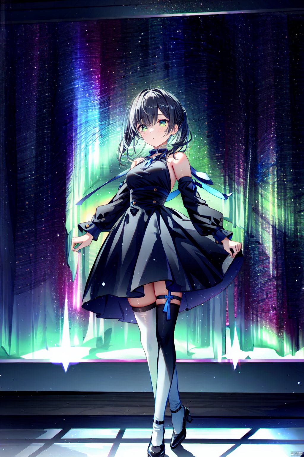 1girl, black dress, standing,indoors, full body,thighhigh, aurora<lora:EMS-393714-EMS:0.800000>