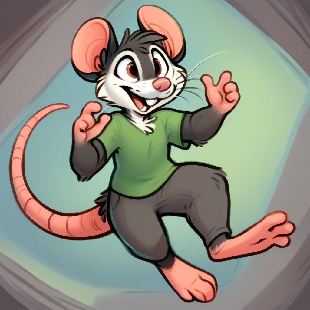 murine, murid, anthro, rodent, mouse, solo, clothing, mammal, male, topwear, clothed, detailed background, hi res, feet, shirt, open mouth, 3 toes, jumping, midair, action pose, fur, whiskers, smile, toes, buckteeth, 4 fingers, fingers, gesture, teeth, biped, barefoot, <lora:b4ked4l4sk4_1.0Pony:1> <lora:Pony_QualityV4.0:1> 