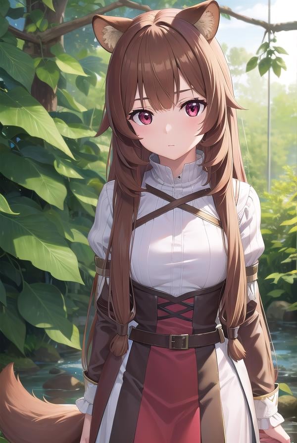 raphtalia, <lora:raphtalia-lora-nochekaiser:1>,raphtalia, animal ears, brown hair, long hair, raccoon ears, raccoon girl, raccoon tail, (red eyes:1.5), tail,BREAK arm garter, belt, brown belt, brown dress, dress, juliet sleeves, long sleeves, puffy sleeves, short dress,BREAK looking at viewer,BREAK outdoors, forest, nature, sun, sky, (cowboy shot:1.5),BREAK <lyco:GoodHands-beta2:1>, (masterpiece:1.2), best quality, high resolution, unity 8k wallpaper, (illustration:0.8), (beautiful detailed eyes:1.6), extremely detailed face, perfect lighting, extremely detailed CG, (perfect hands, perfect anatomy),