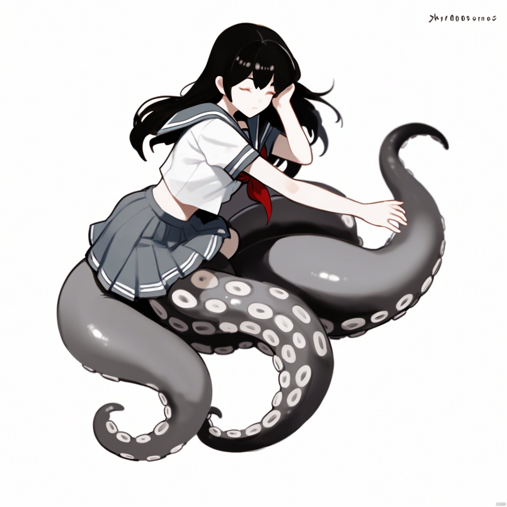 score_9, score_8_up, score_7_up, score_6_up,jijia, 2d, anime, Brachiopods, Octohuman, 1girl, tentacles, skirt, solo, monochrome, simple background, white background, long hair, closed eyes, school uniform, serafuku, monster girl, pleated skirt, suction cups, scylla, greyscale, short sleeves, shirt, full body, closed mouth, sailor collar, on side, black hair,a girl sitting on top of an octopus,there is a cartoon of a girl sitting on a giant squid<lora:EMS-348601-EMS:0.800000>