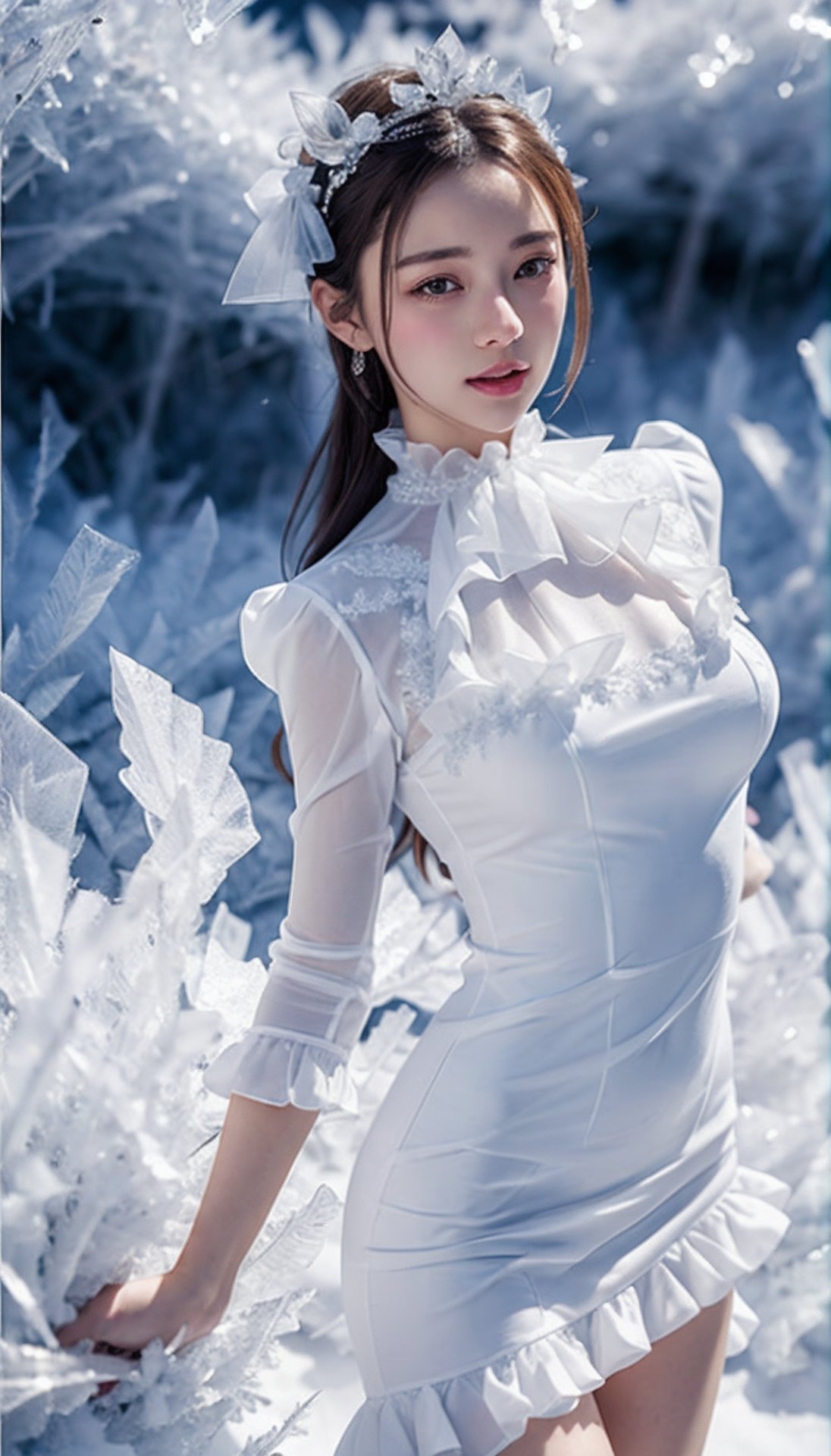 (best quality, masterpiece:1.2),ultra detailed,(photo realistic:1.4),solo,cute girl,see-through white ruffle dress,snow_crystal_background,<lora:SnowCrystal_v1:0.8>,